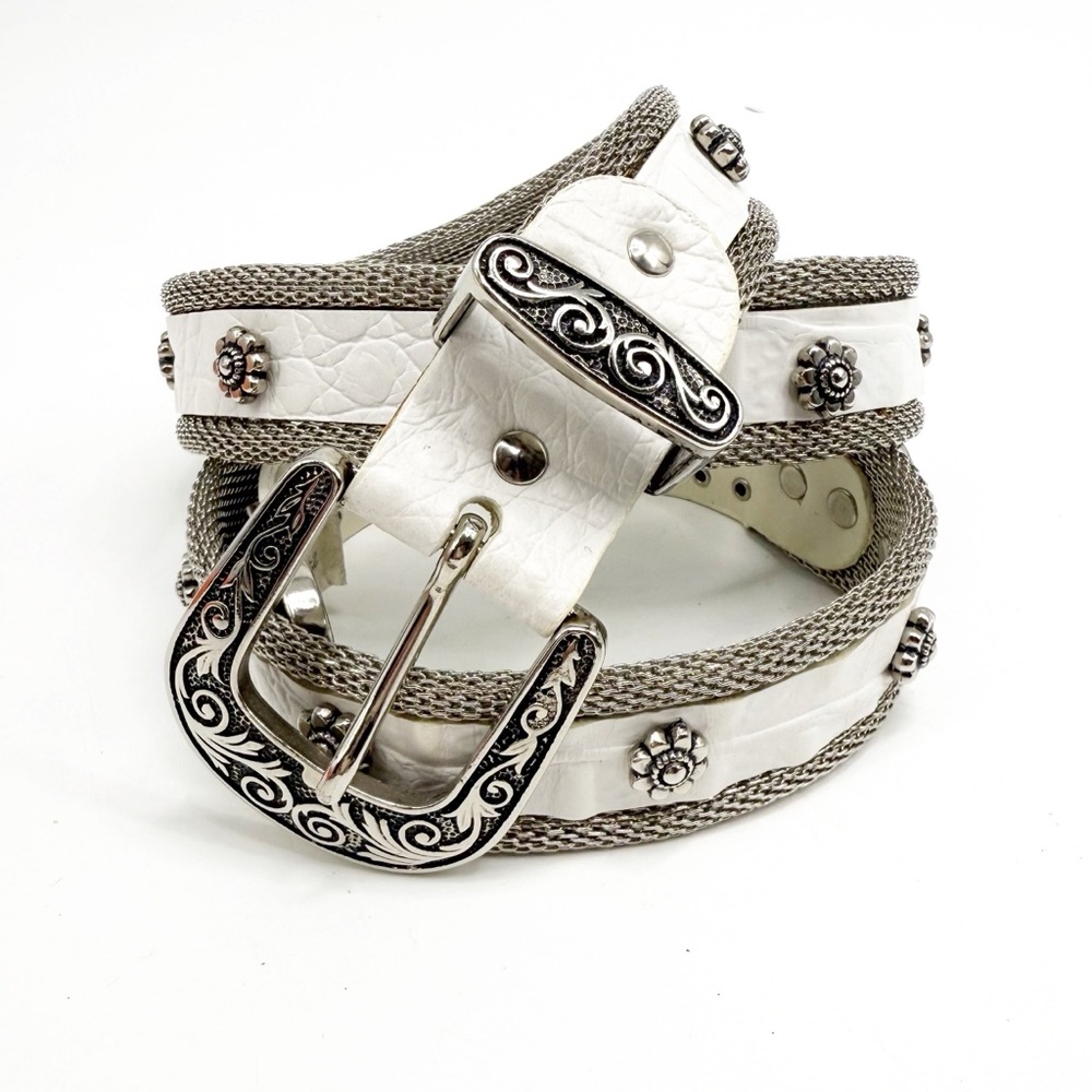 NANNI Milano Vintage Mesh Chain White Leather Inlay Studded Western Belt, 36